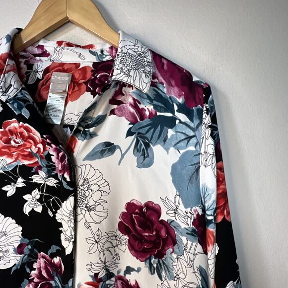 Chico's 2 petite large 12 Long Sleeve Floral Red Black Blouse Shirt Top Tropical - Picture 3 of 12